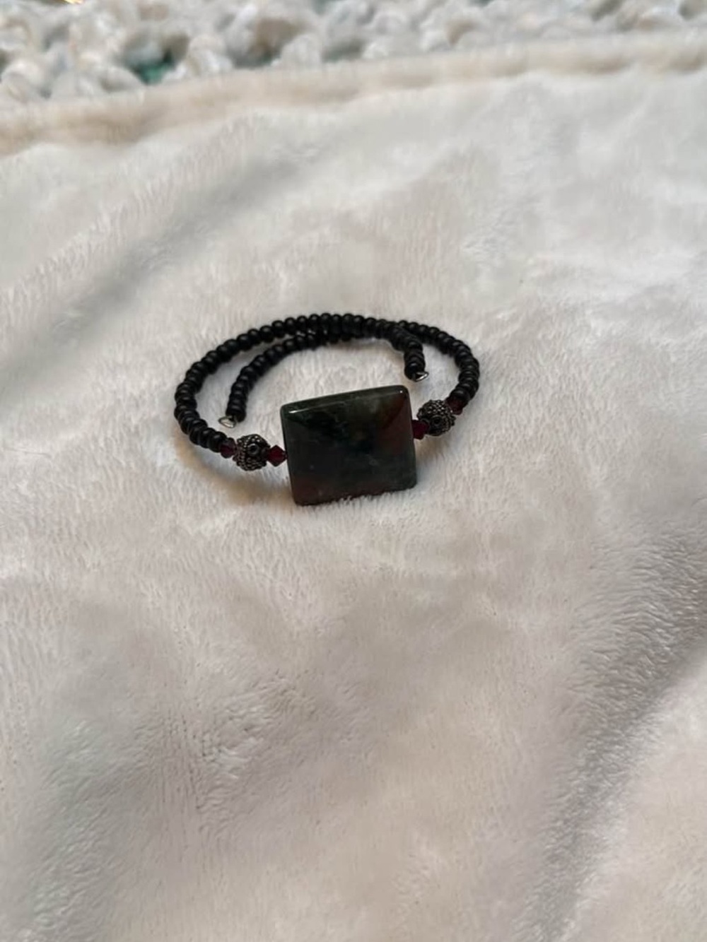 Black Beaded Bracelet with Square Stone Accent